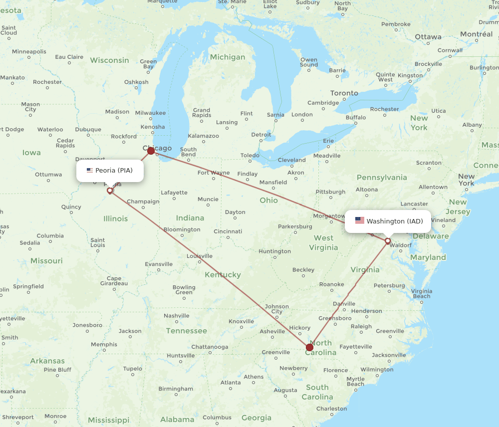 IAD-PIA flight routes