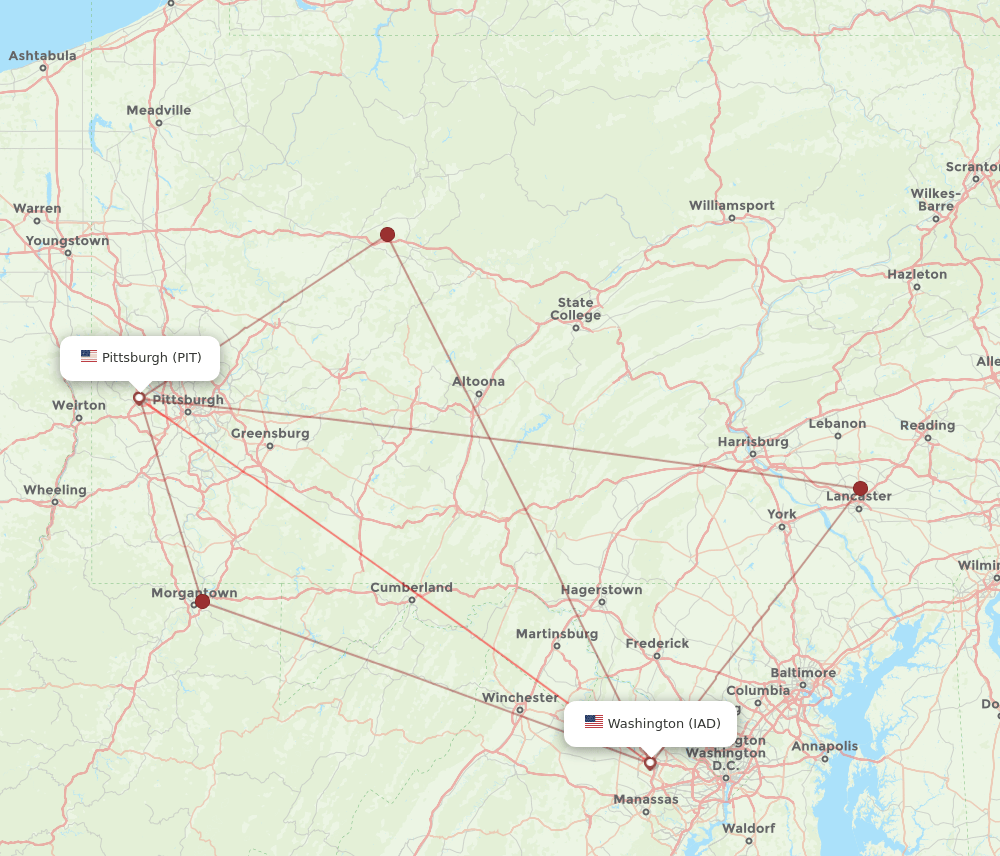 IAD to PIT flights and routes map