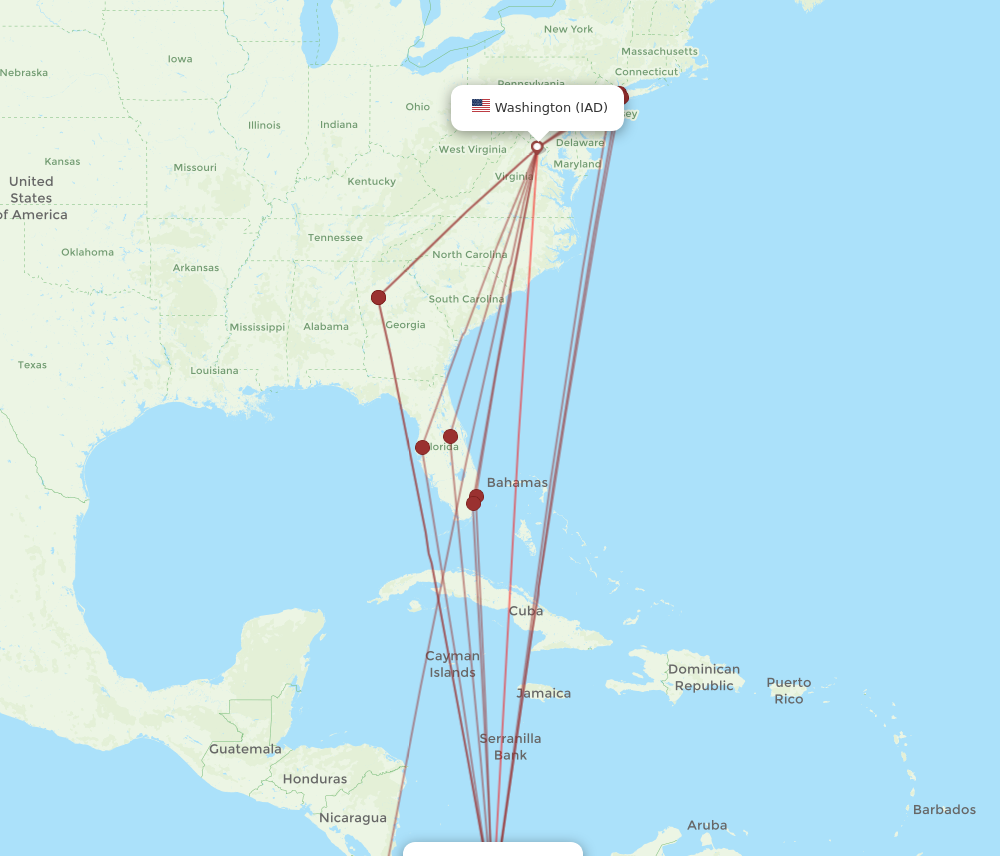 IAD to PTY flights and routes map