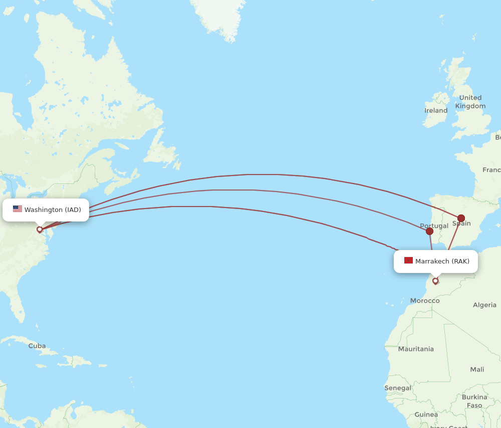 IAD-RAK flight routes
