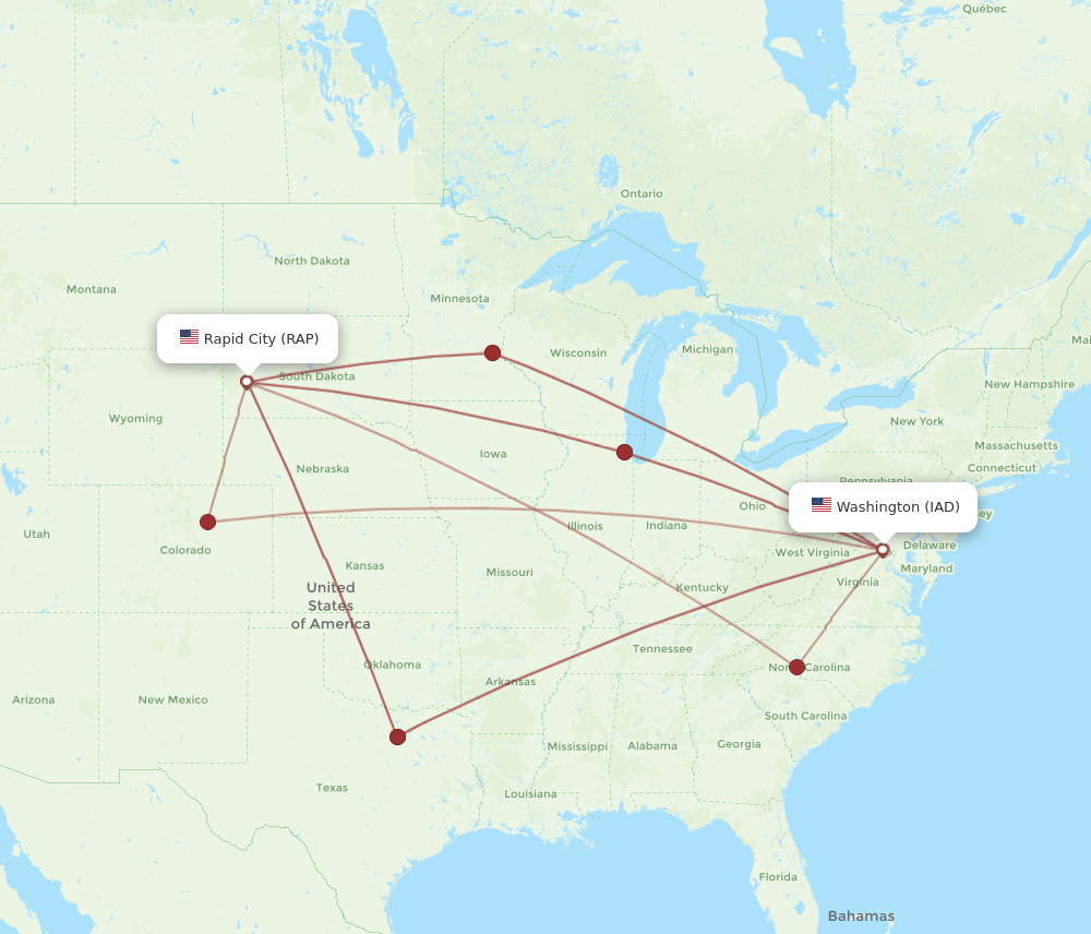 IAD to RAP flights and routes map