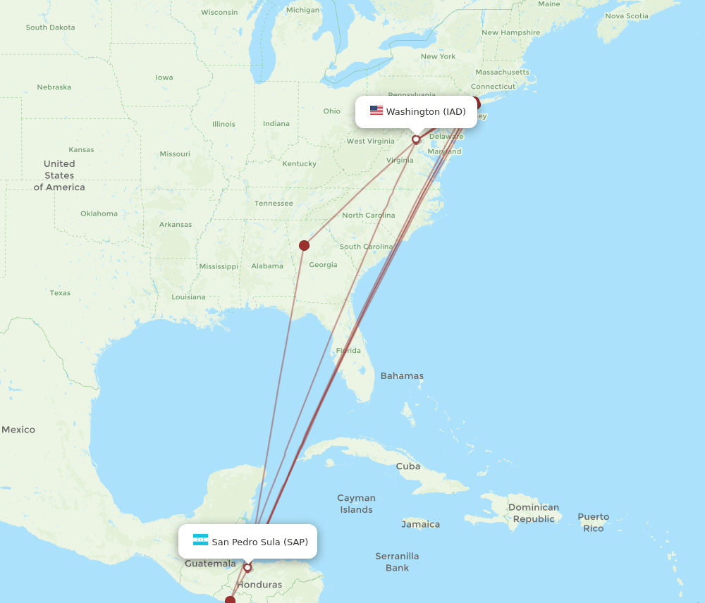 IAD to SAP flights and routes map