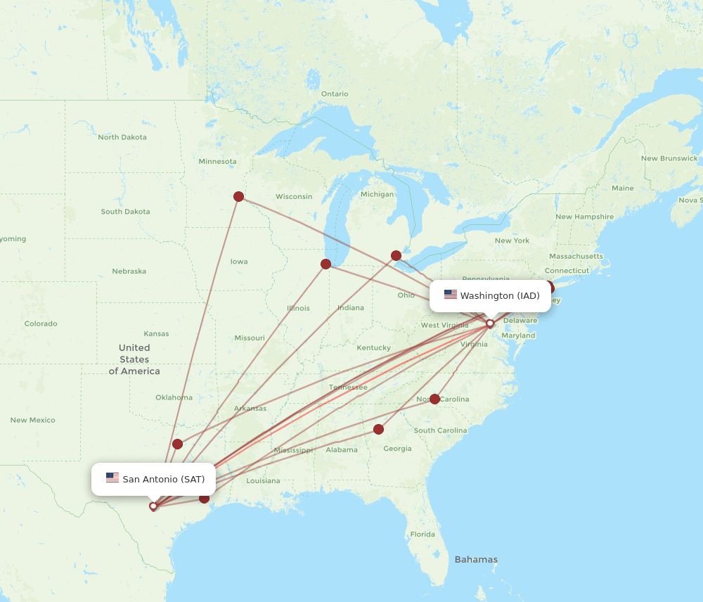 IAD to SAT flights and routes map