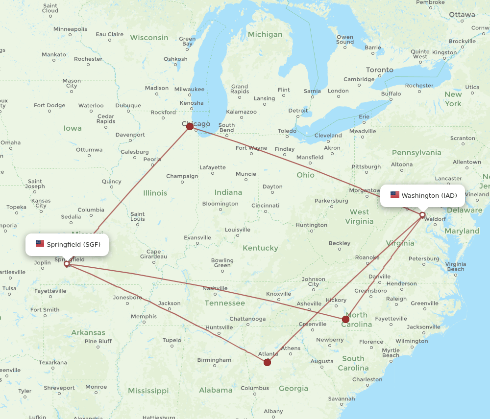 IAD to SGF flights and routes map