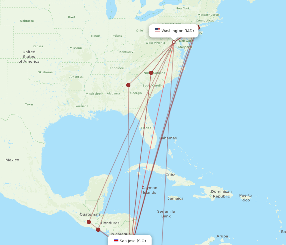 IAD-SJO flight routes
