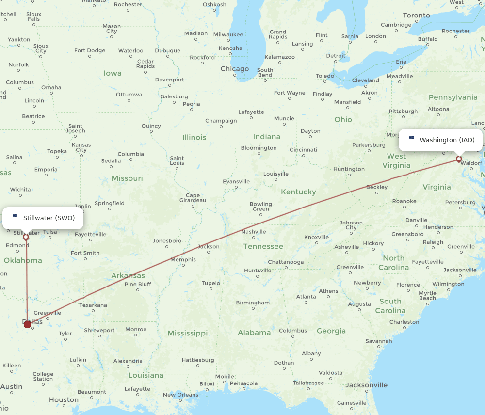 IAD to SWO flights and routes map