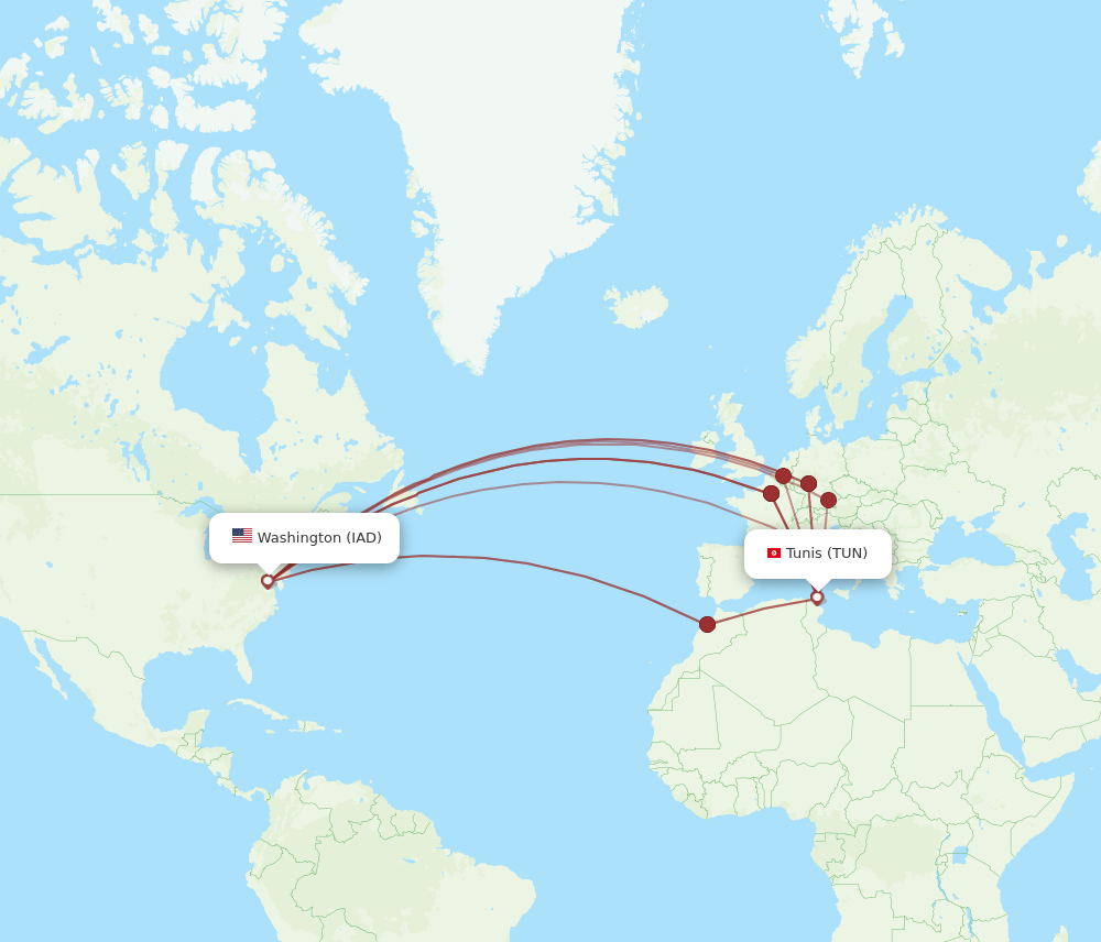 IAD to TUN flights and routes map
