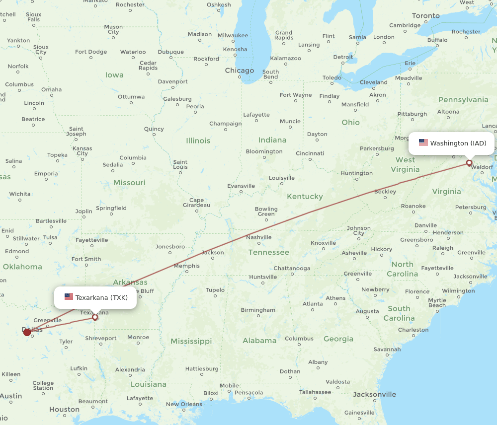 IAD-TXK flight routes