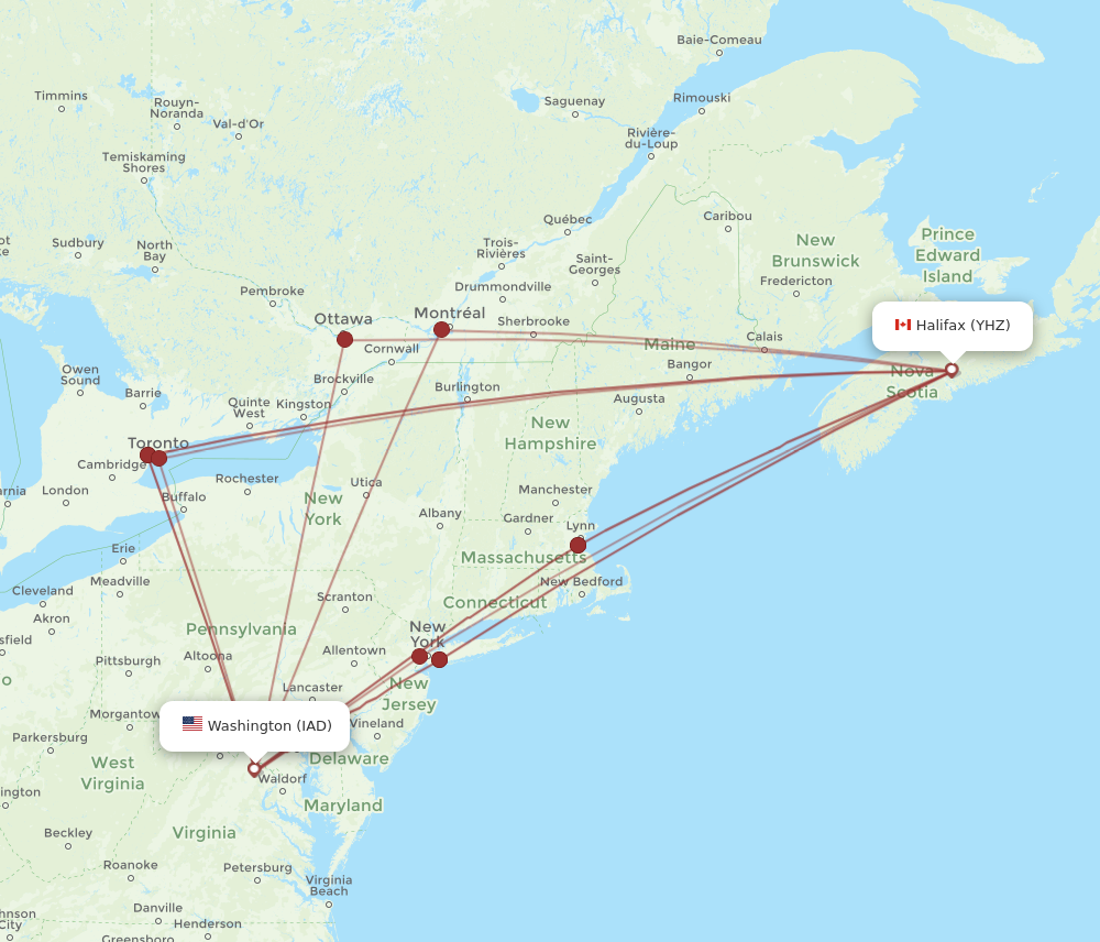 IAD to YHZ flights and routes map