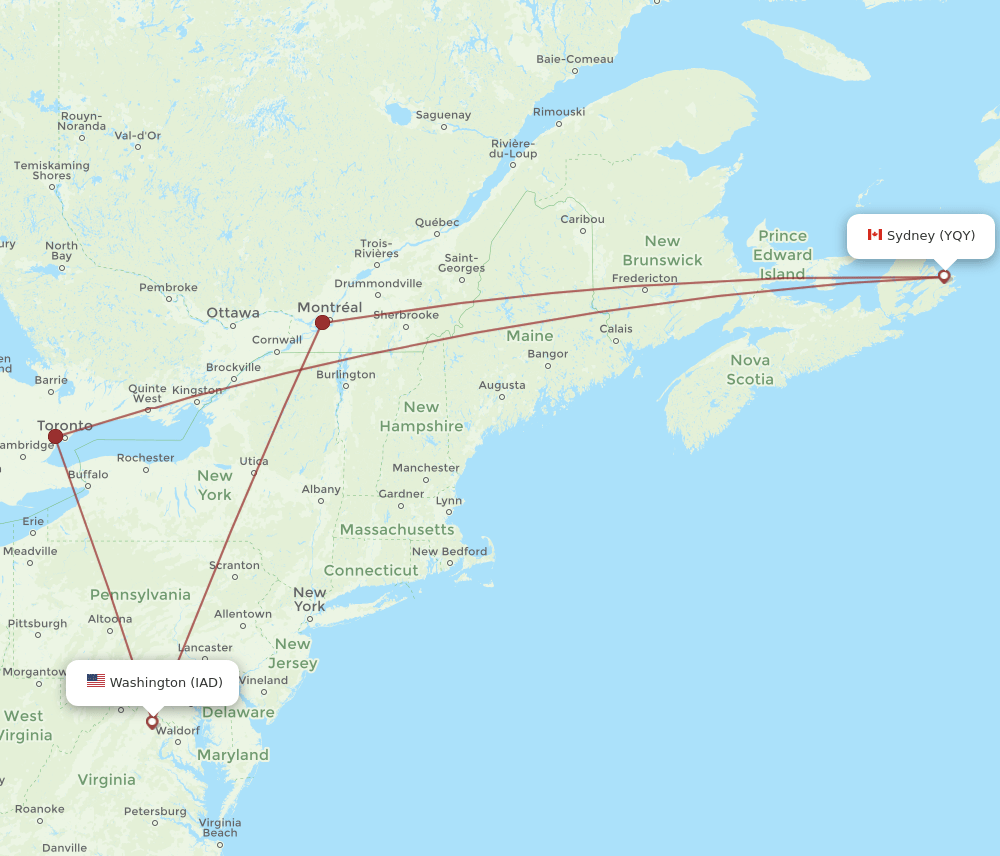 IAD to YQY flights and routes map