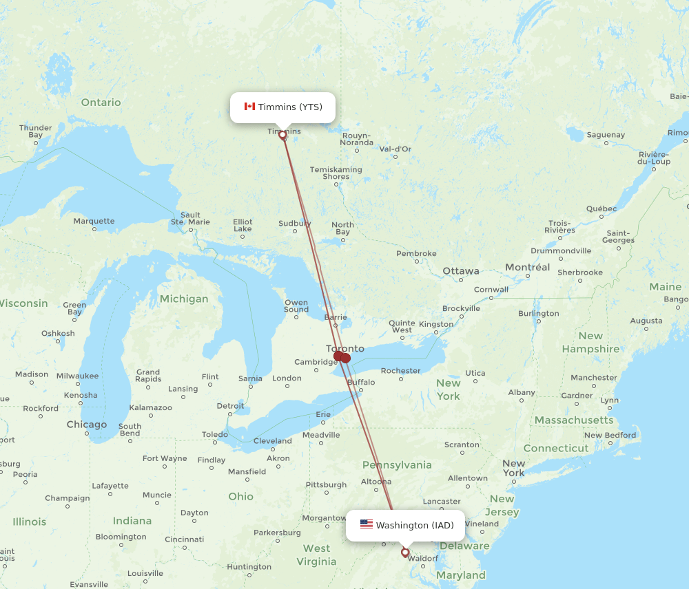 IAD to YTS flights and routes map