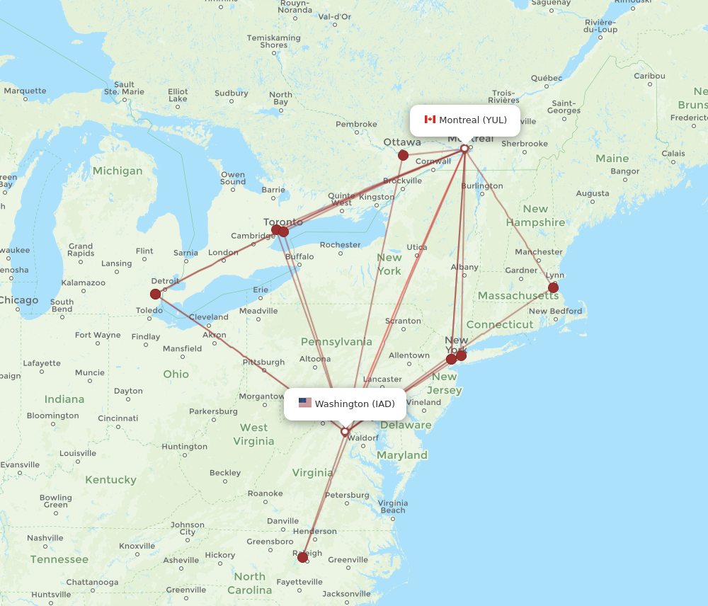 IAD to YUL flights and routes map