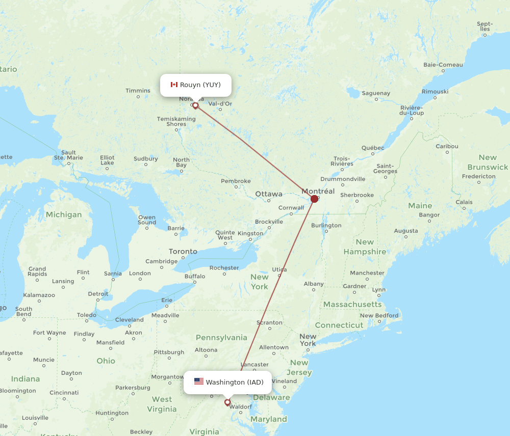 Rouyn - Dulles route map and flight paths