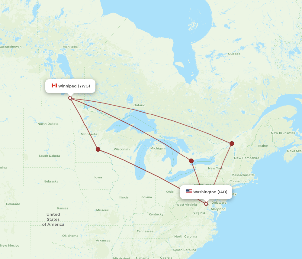Winnipeg - Dulles route map and flight paths