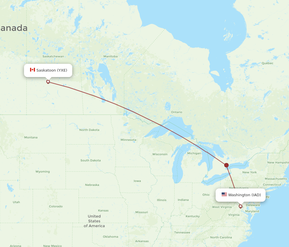 YXE to IAD flights and routes map