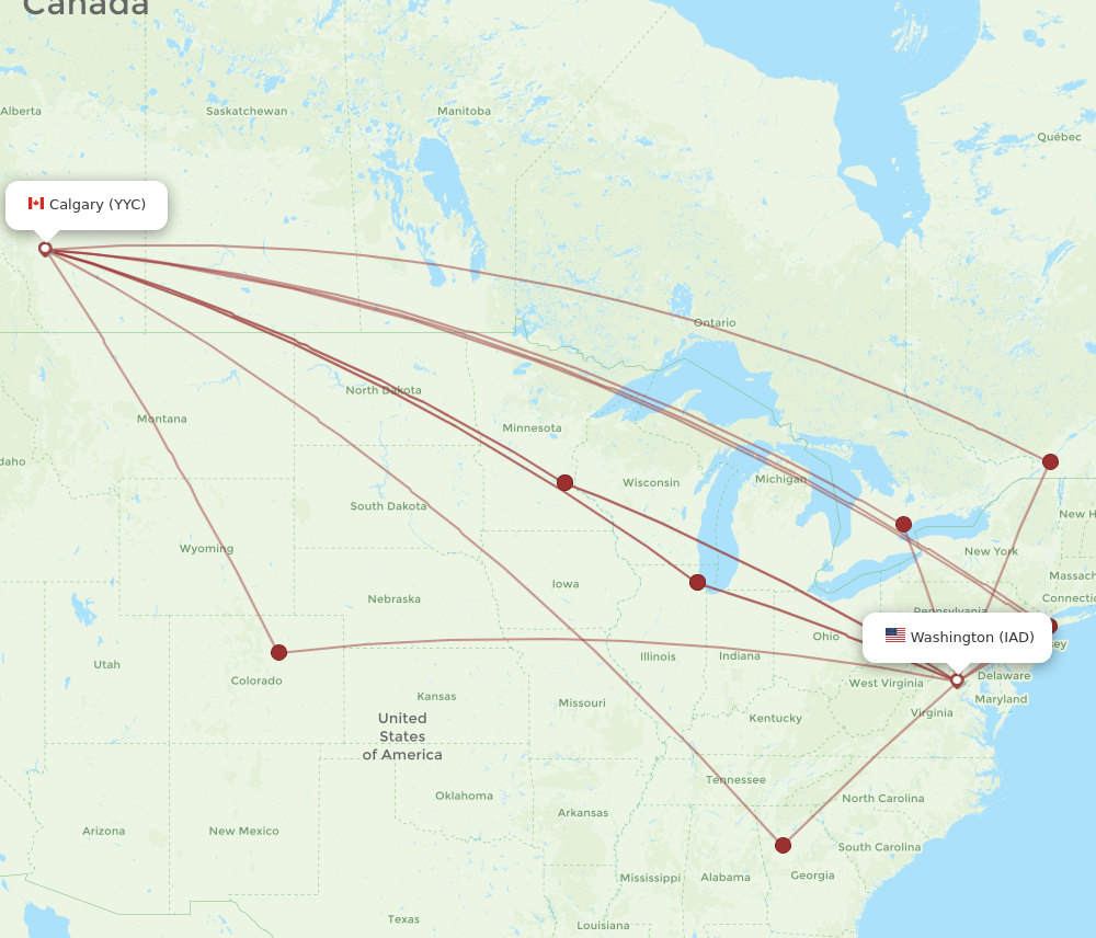 IAD to YYC flights and routes map