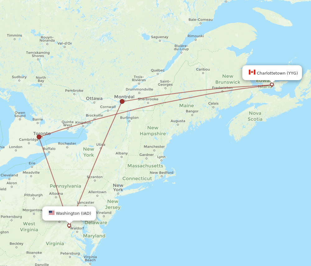 IAD-YYG flight routes
