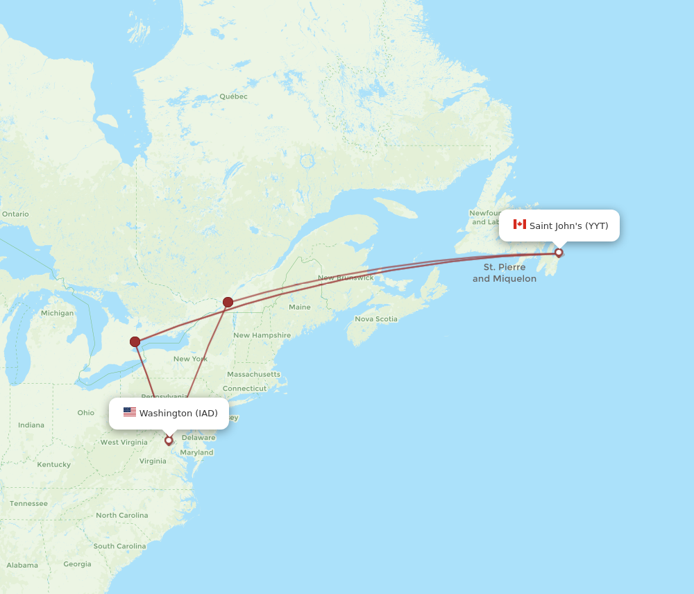 YYT to IAD flights and routes map