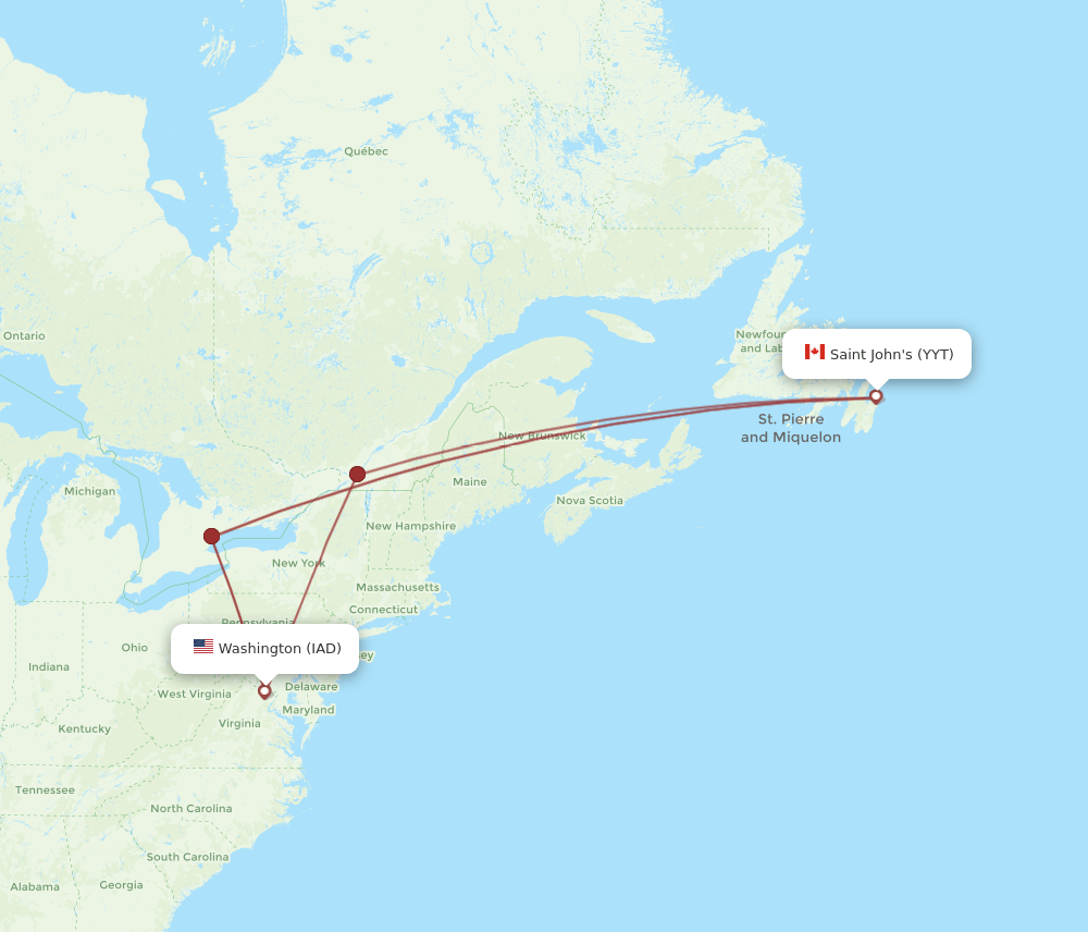 St. John's - Dulles route map and flight paths