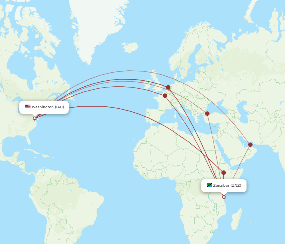 IAD-ZNZ flight routes