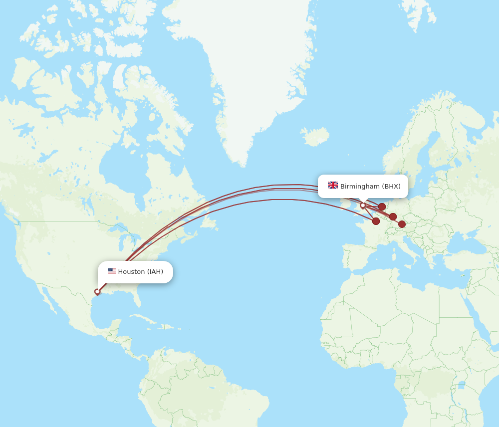IAH to BHX flights and routes map