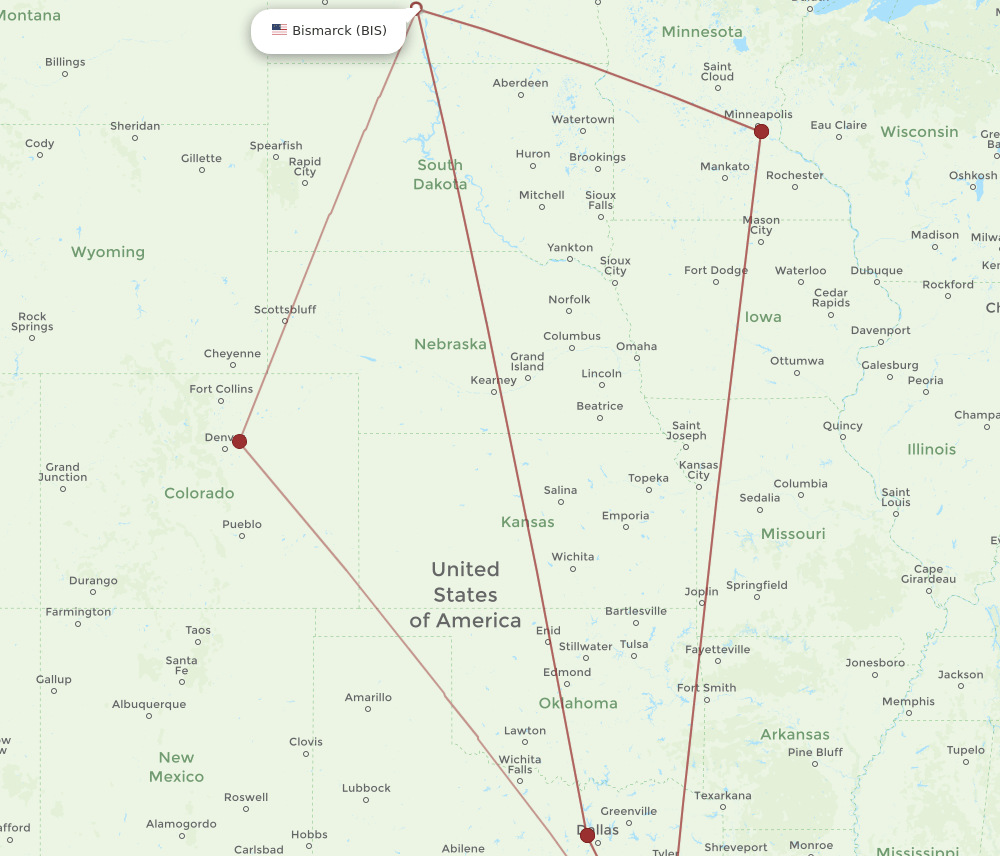 IAH-BIS flight routes