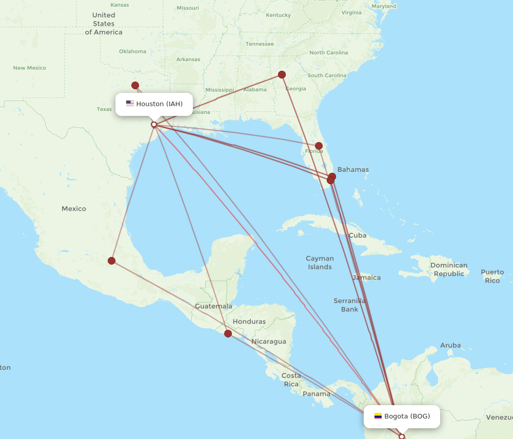 IAH to BOG flights and routes map
