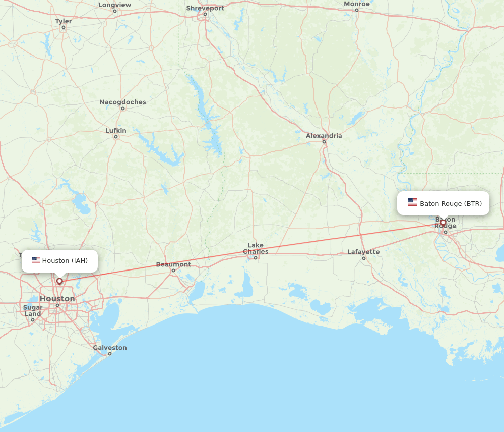 Houston - Baton Rouge route map and flight paths