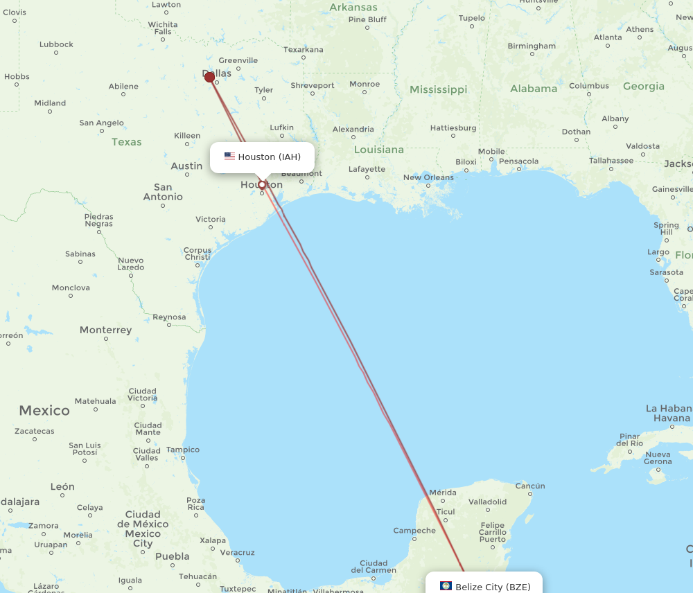 IAH to BZE flights and routes map