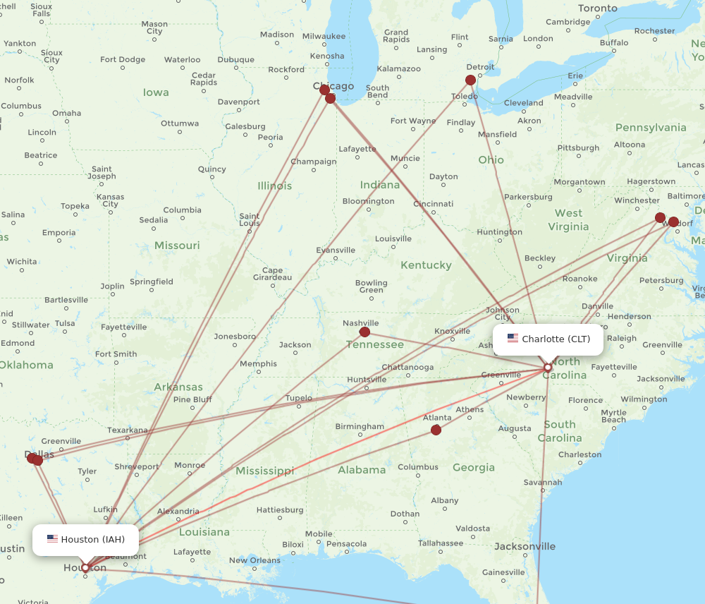IAH to CLT flights and routes map