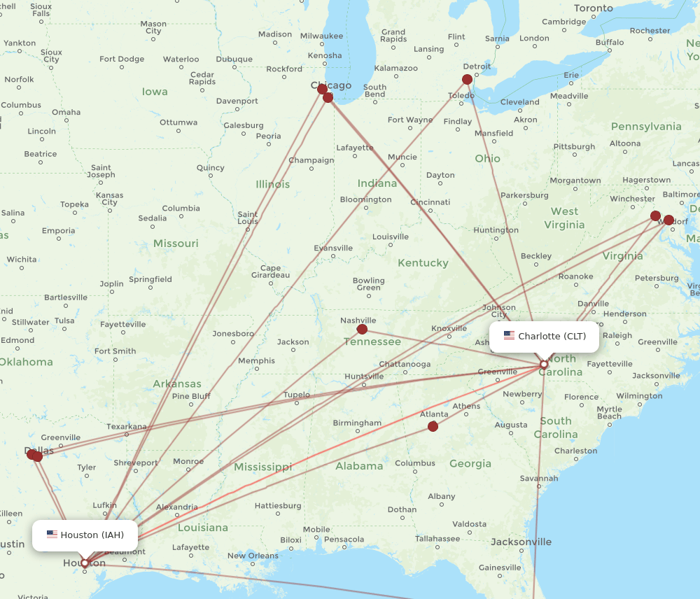 IAH to CLT flights and routes map