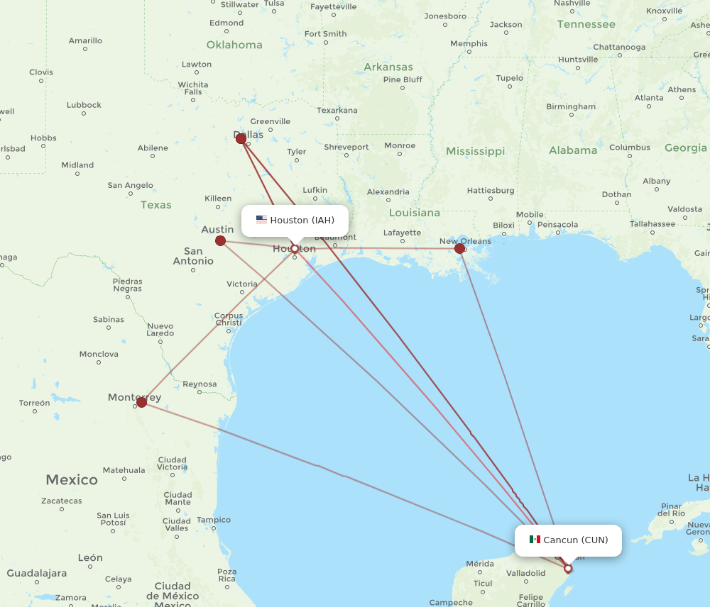 IAH to CUN flights and routes map