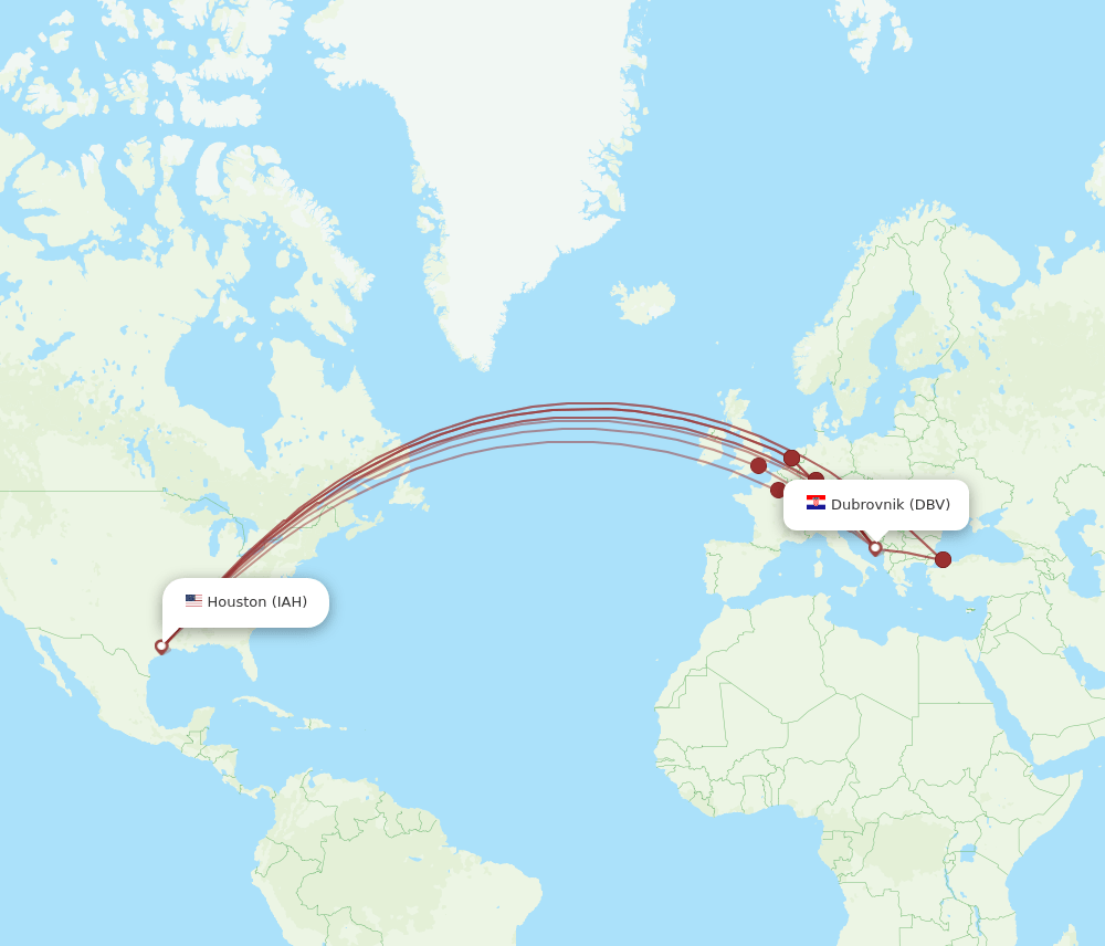 IAH to DBV flights and routes map