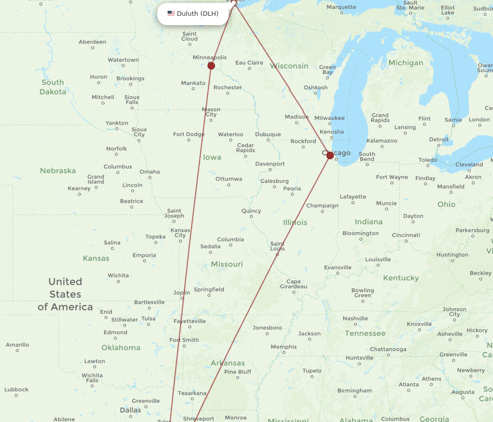 IAH to DLH flights and routes map