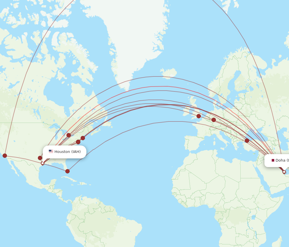 IAH to DOH flights and routes map