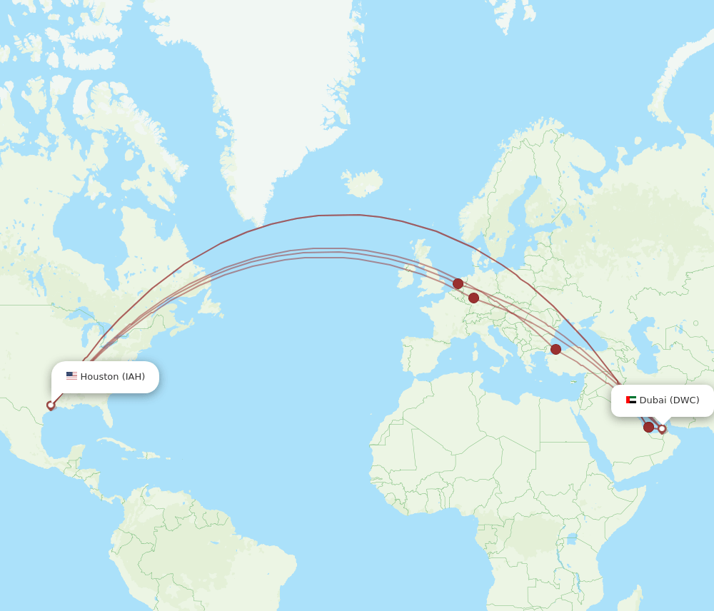 Houston - Dubai route map and flight paths