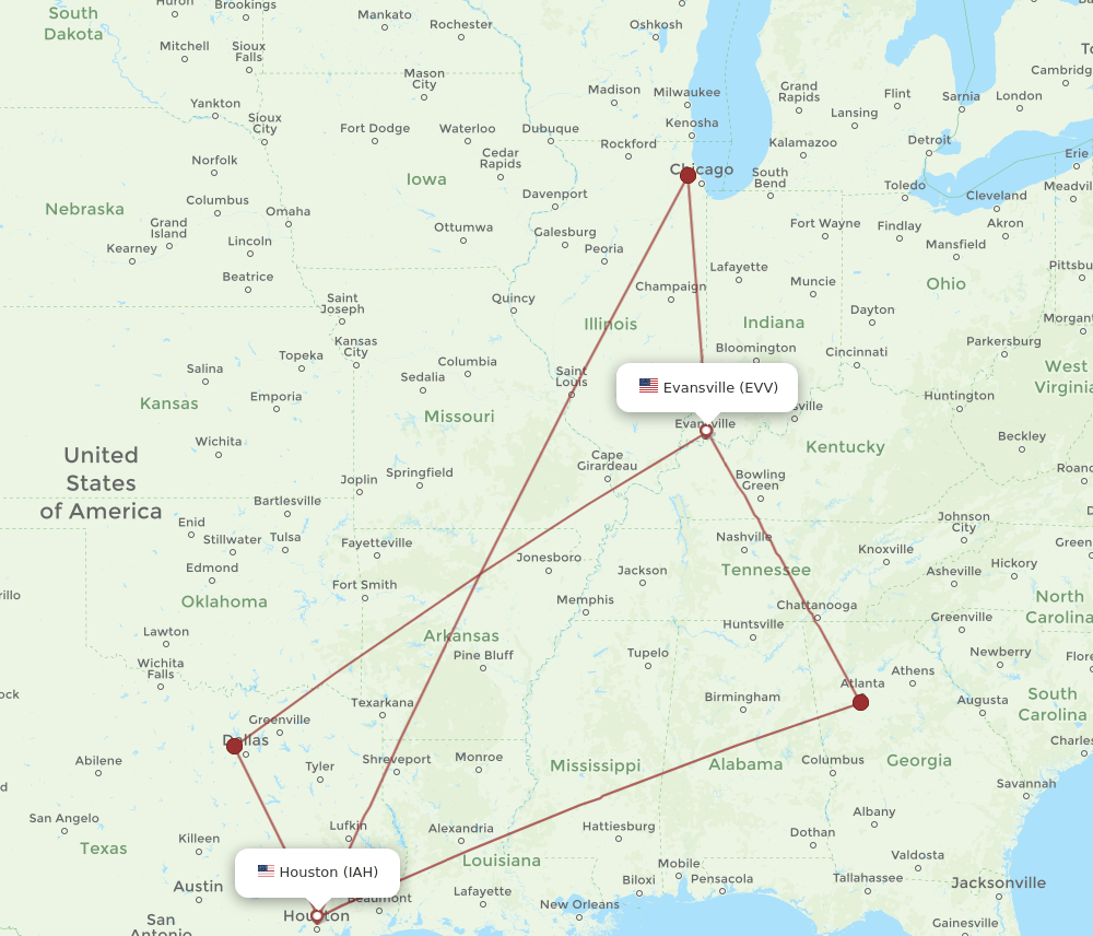 IAH-EVV flight routes