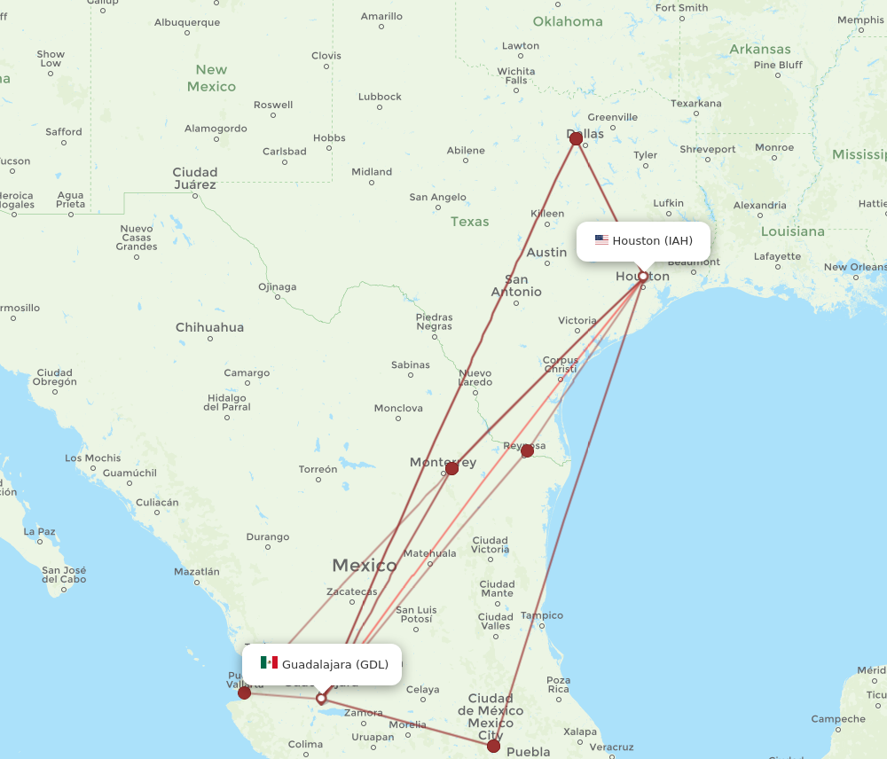 IAH to GDL flights and routes map