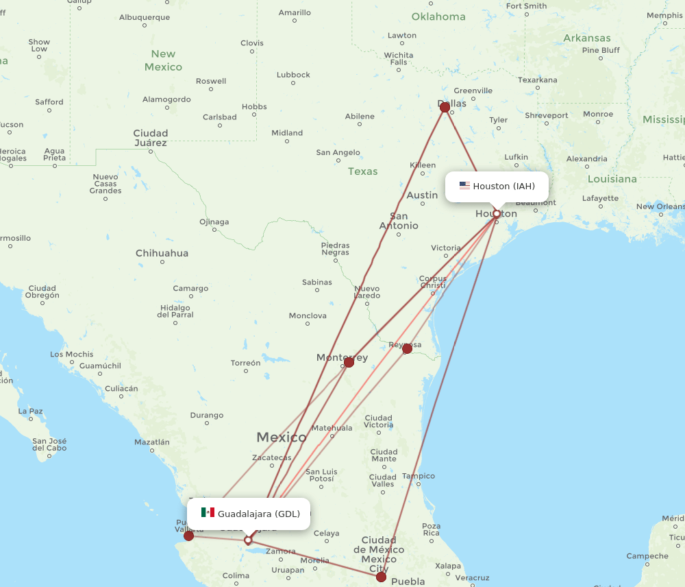IAH-GDL flight routes