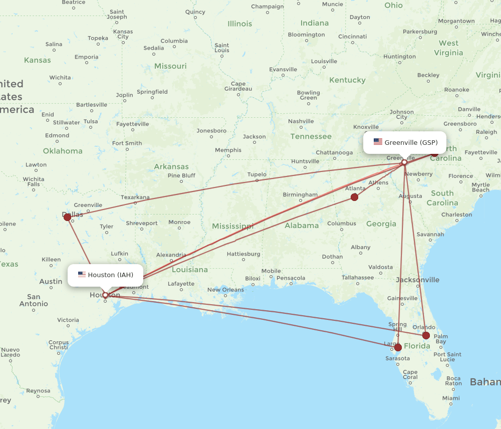 IAH-GSP flight routes