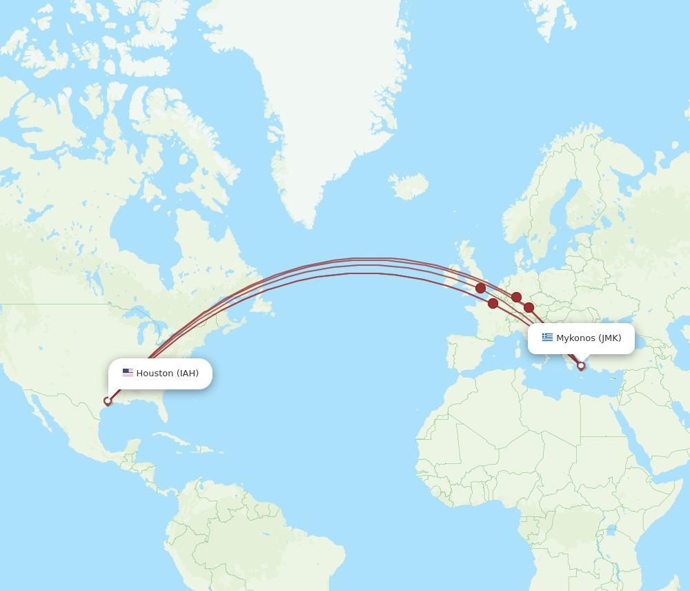 Mykonos - Houston route map and flight paths