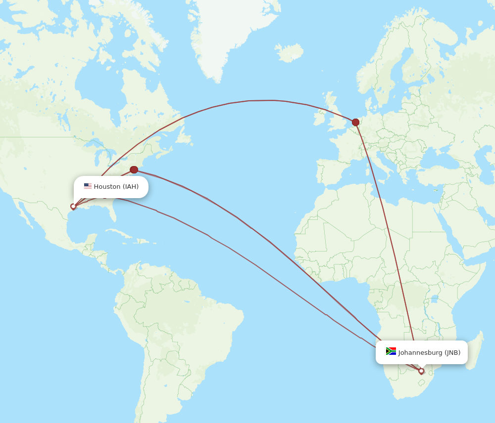 IAH to JNB flights and routes map