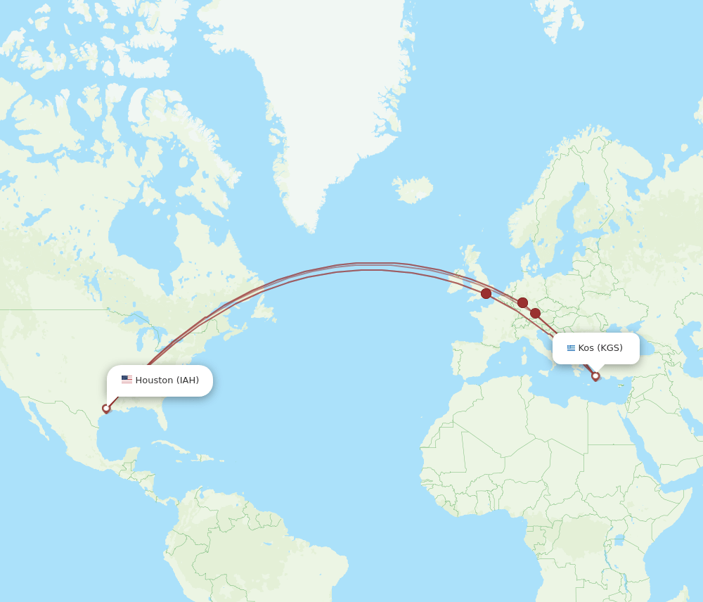 Kos - Houston route map and flight paths