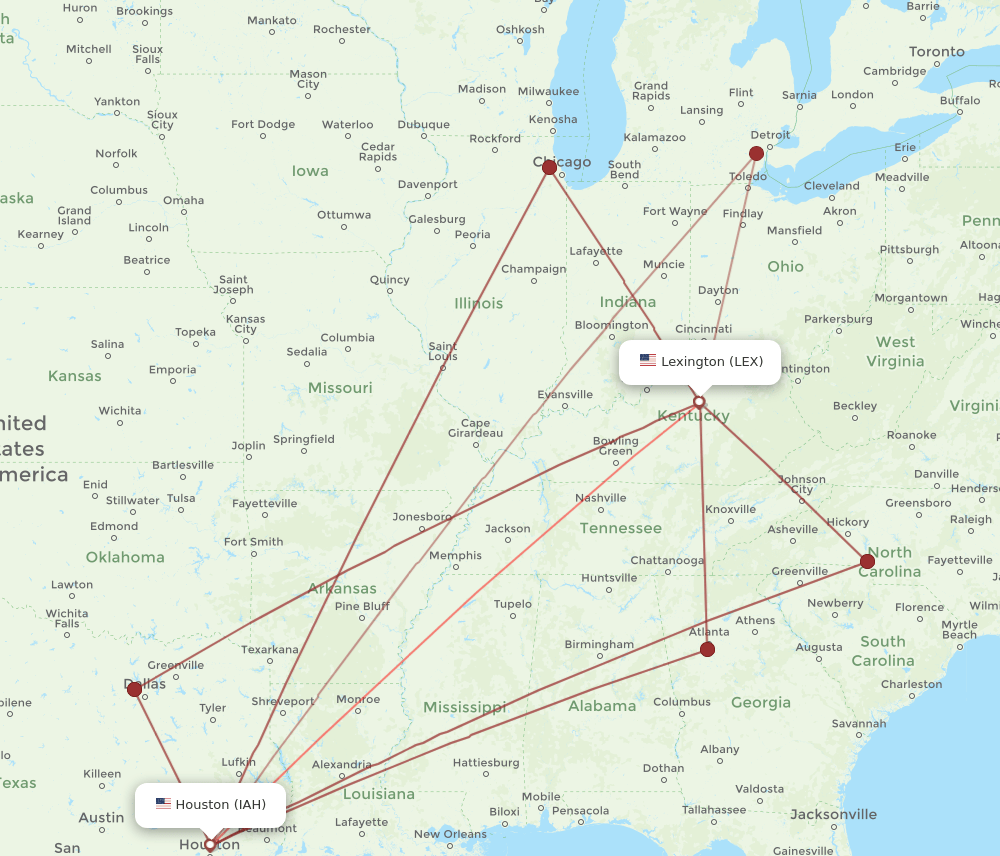 IAH to LEX flights and routes map