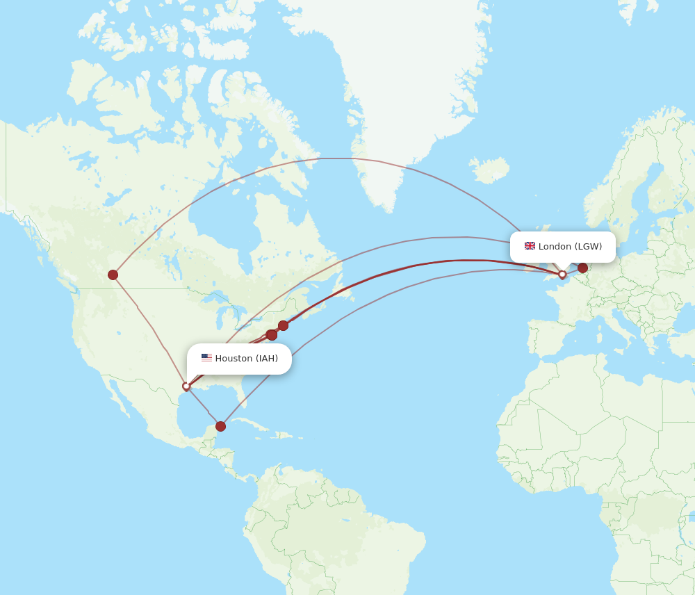 IAH to LGW flights and routes map