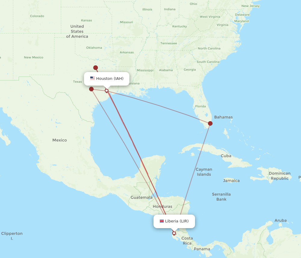 IAH to LIR flights and routes map