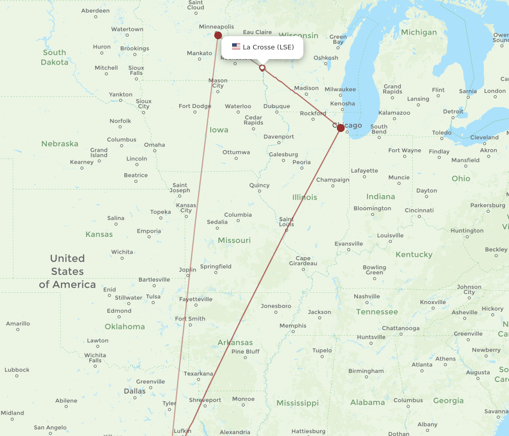 IAH to LSE flights and routes map