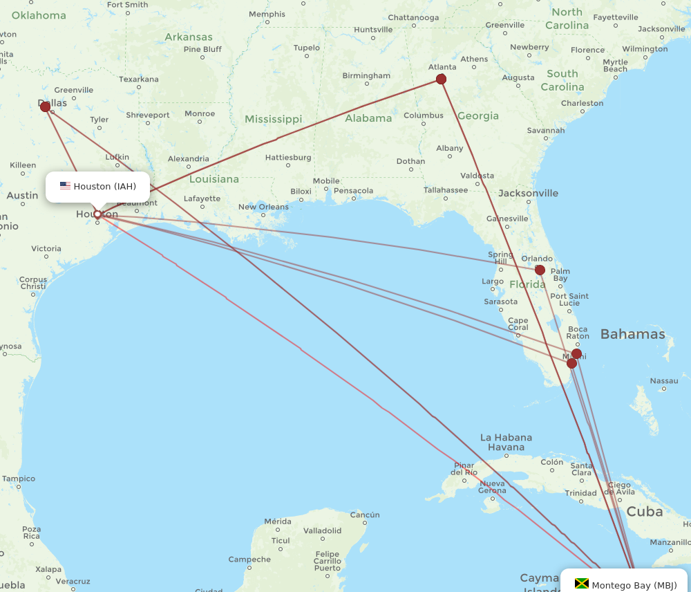 IAH to MBJ flights and routes map