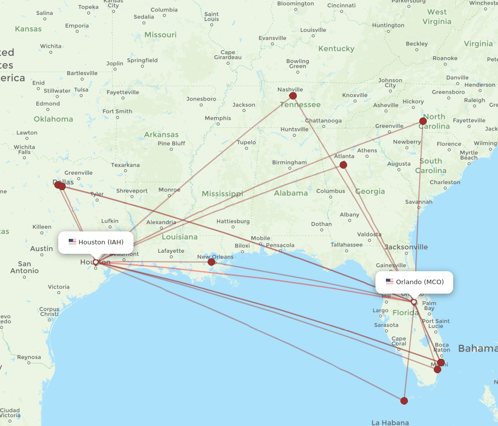 IAH to MCO flights and routes map