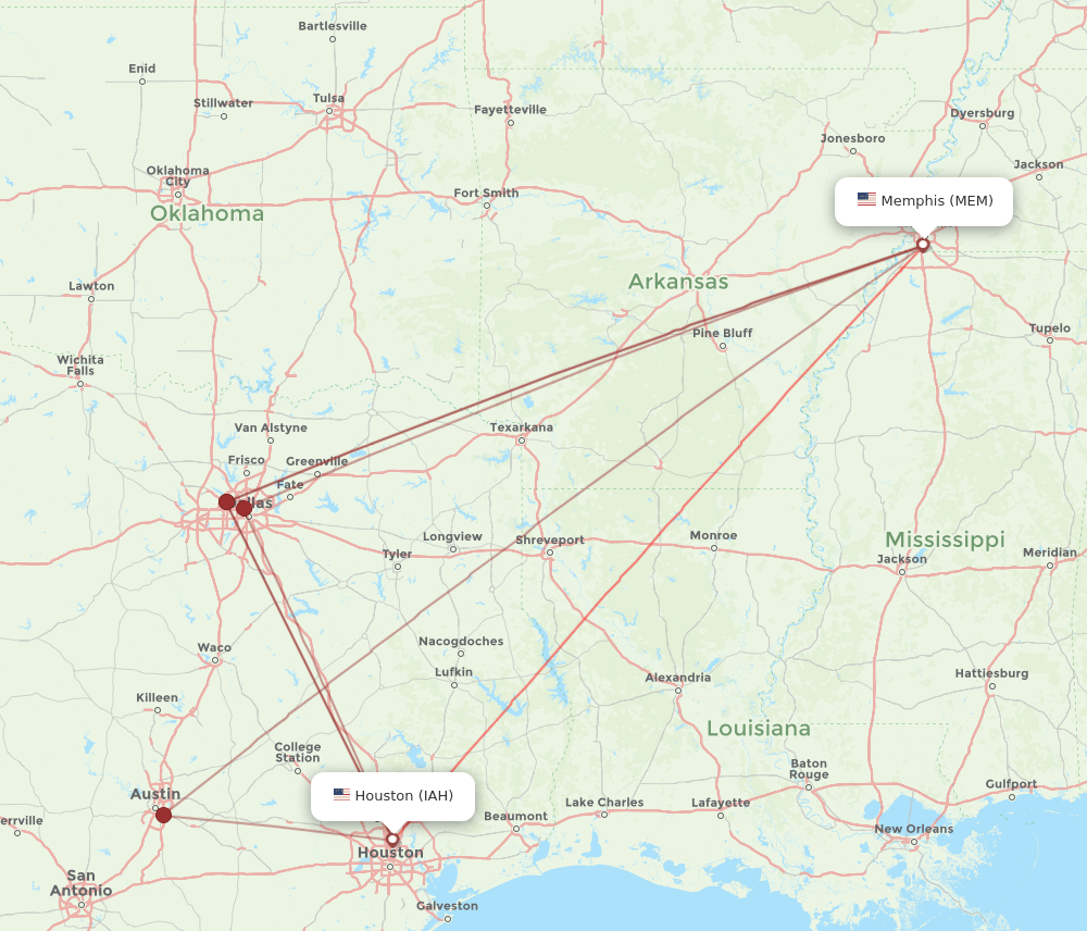 IAH to MEM flights and routes map